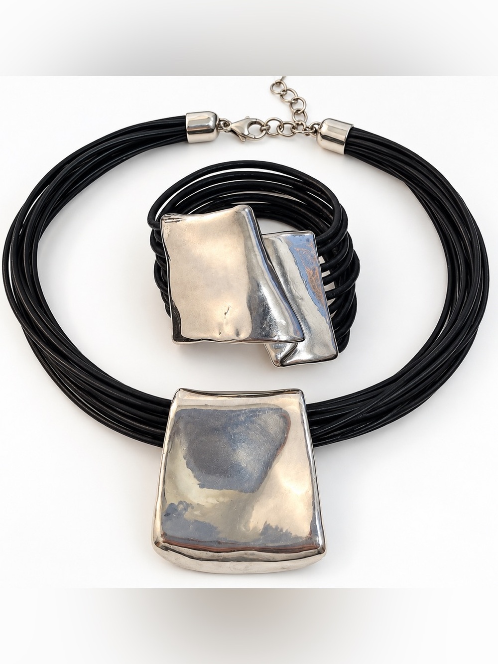 BAT AMI Necklace Bracelet Israel Sterling Silver Leather Cords Vintage Modernist